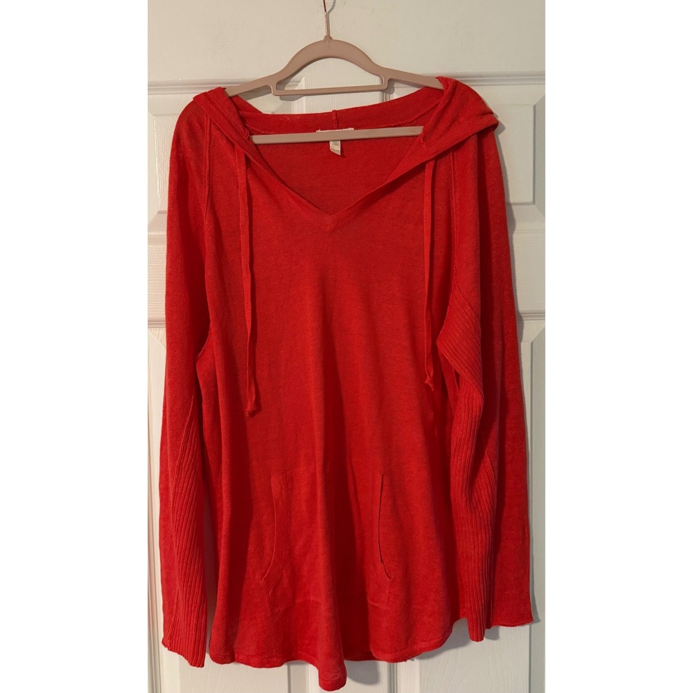 Eileen Fisher Organic Linen Hooded Tunic Tomato Red Pullover XL Minimalist